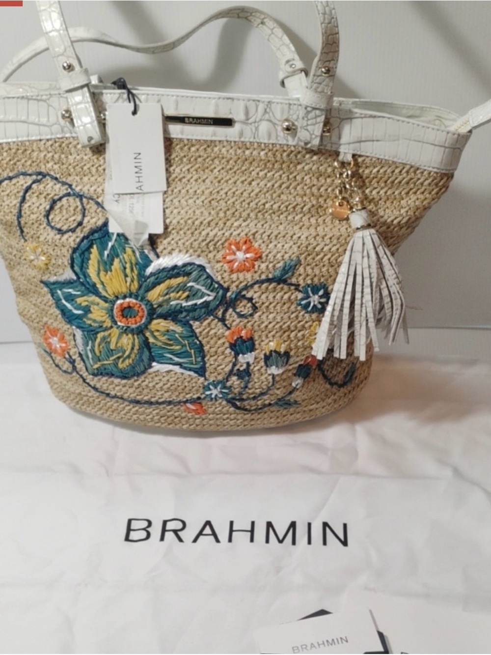 Brahmin Straw and Croc Embossed Leather Tote NWT